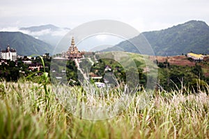 Meadow and contemporary temple scene