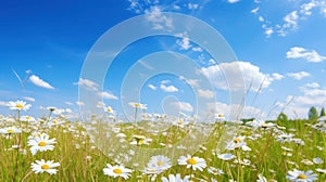 Meadow with daisies in summer, blue sky, wide angle, landscape, copy space.