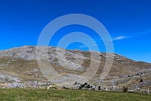 A meadow with a downed fence at the end of the meadow. In the background, mountain desolation. On the way to the mountain