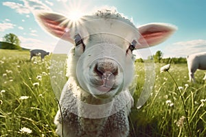 meadow farm animal grass field sun lamb sheep wool green. Generative AI.