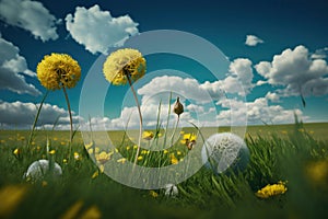 Meadow field with fresh grass and yellow dandelion flowers in nature against a blurry blue sky with clouds. Generative ai