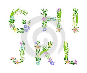 Meadow flowers alphabet. G,H,I,J,K,L English capital letters made of flowers and green leaves cartoon vector