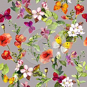 Meadow flowers and butterflies repeating pattern. Watercolor