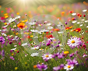 Meadow of flowers in early sunny fresh morning. Vintage landscape background. Colorful beautiful flowers