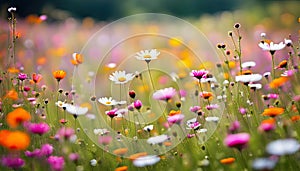 Meadow of flowers in early sunny fresh morning. Vintage landscape background. Colorful beautiful flowers