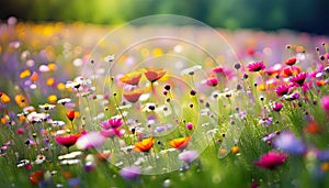 Meadow of flowers in early sunny fresh morning. Vintage landscape background. Colorful beautiful flowers