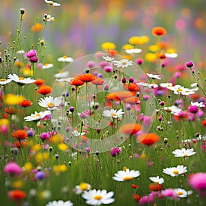 Meadow of flowers in early sunny fresh morning. Vintage landscape background. Colorful beautiful flowers