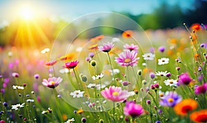 Meadow of flowers in early sunny fresh morning. Vintage landscape background. Colorful beautiful flowers