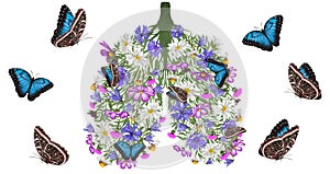 Meadow flowers lungs. Meditation time. Just breathe. Blue butterfly\'s