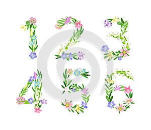 Meadow flowers numbers set. Numerals made of delicate flowers and green leaves cartoon vector illustration