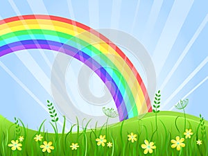 Meadow with Flowers and Rainbow