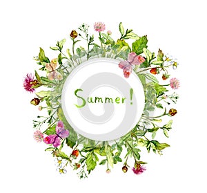 Meadow flowers, summer butterflies. Card - wreath border frame. Watercolor