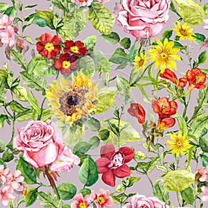 Meadow flowers, summer herbs. Repeating vintage floral background. Watercolor