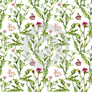 Meadow flowers, tiny rabbits. Seamless pattern. Watercolor