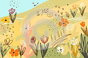 Meadow and garden abstract flowers and herbs. Modern pattern with doodle textures and floral elements