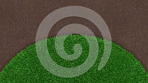 Meadow green grass surface and soil ground surface. Turf and terrain blank top view background. Advertising template or Banner for