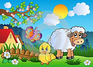 Meadow with happy spring animals