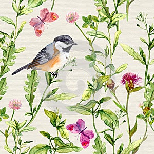 Meadow herbs, flowers, butterflies, bird. Repeated herbal pattern. Watercolor