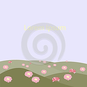 Meadow with hill and pink flowers blue sky Lorem Ipsum background stock vector illustration