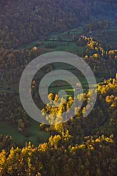 Meadow illumintad by ray of light at autumn sunrise