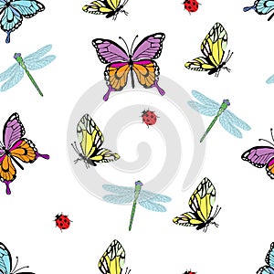 Meadow insects butterflies, dragonfly and beetles, spring seamless pattern, for postcards, packaging, web design, vector