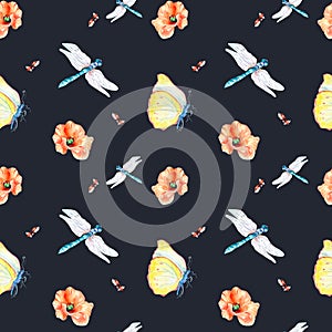Meadow insects and flowers watercolor seamless pattern on dark.