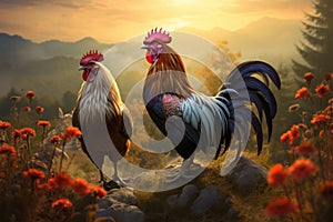 Meadow king a majestic rooster reigns over the peaceful landscape