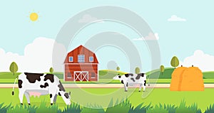 Meadow landscape with farm and cow eating grass vector illustration.Farm with cows and hays.Landscape with farm