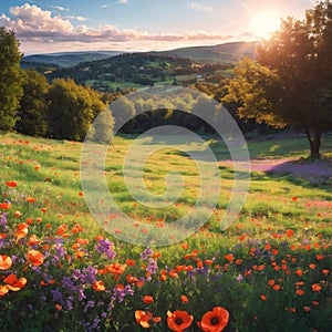 Meadow with Lilac Poppy Flowers in early Summer - Palatinate, Germany made with Generative AI