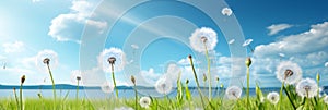 Meadow with lots of spring flowers yellow and white dandelions in sunny day in nature. Ultra wide banner format