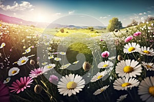 Meadow with lots of white and pink spring daisy flowers and yellow dandelions in sunny day.