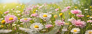 Meadow with lots of white and pink spring daisy flowers and yellow dandelions in sunny day