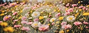 Meadow with lots of white and pink spring daisy flowers and yellow dandelions in sunny day