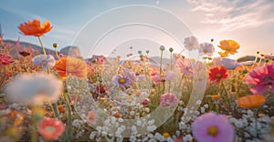 meadow nature sunset blooming flower pink background sky beautiful field violet. Generative AI.