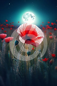 meadow of red poppies at full moon night