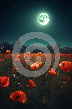 meadow of red poppies at full moon night