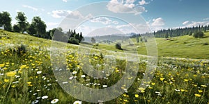 Meadow scene with forest, clouds beauty flower and grass. Nature theme