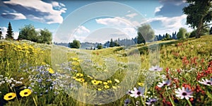 Meadow scene with forest, clouds beauty flower and grass. Nature theme