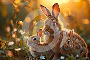 Meadow snuggles Mother rabbit and babies share a tender moment