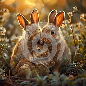 Meadow snuggles Mother rabbit and babies share a tender moment