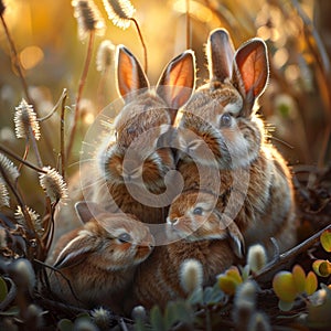 Meadow snuggles Mother rabbit and babies share a tender moment