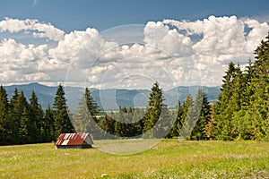 Meadow in summer with small white house, Low Tatras and cloudy sky.