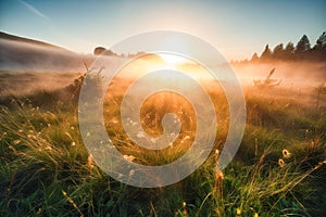 Meadow Sunset panorama View: Serene Nature Landscape Colorful Sky. Wide Countryside rye wheat field in the summer on cloudy sky