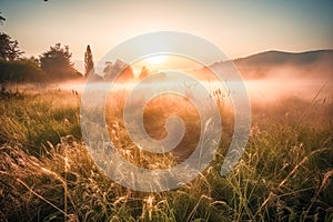 Meadow Sunset panorama View: Serene Nature Landscape Colorful Sky. Wide Countryside rye wheat field in the summer on cloudy sky