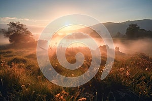 Meadow Sunset panorama View: Serene Nature Landscape Colorful Sky. Wide Countryside rye wheat field in the summer on cloudy sky