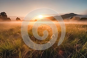 Meadow Sunset panorama View: Serene Nature Landscape Colorful Sky. Wide Countryside rye wheat field in the summer on cloudy sky