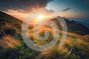 Meadow Sunset panorama View: Serene Nature Landscape Colorful Sky. Wide Countryside rye wheat field in the summer on cloudy sky