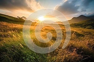 Meadow Sunset panorama View: Serene Nature Landscape Colorful Sky. Wide Countryside rye wheat field in the summer on cloudy sky