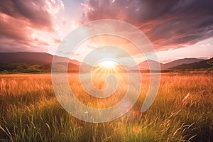 Meadow Sunset panorama View: Serene Nature Landscape Colorful Sky. Wide Countryside rye wheat field in the summer on cloudy sky