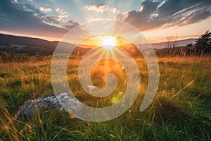 Meadow Sunset panorama View: Serene Nature Landscape Colorful Sky. Wide Countryside rye wheat field in the summer on cloudy sky